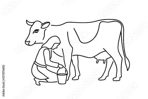 Dairy Farming Woman Milking Cow, Bucket, Rural Scene, Agriculture, Livestock
