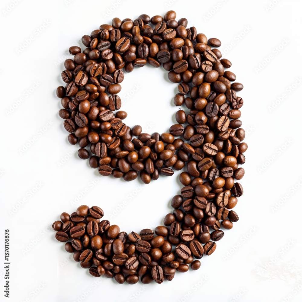 Number 9 crafted from assorted coffee beans, detailed roasted textures, high-resolution close-up, balanced coffee-themed composition, bright and inviting design, isolated on white background Number 9 crafted from assorted coffee beans, detailed roasted textures, high-resolution close-up, balanced coffee-themed composition, bright and inviting design, isolated on white background