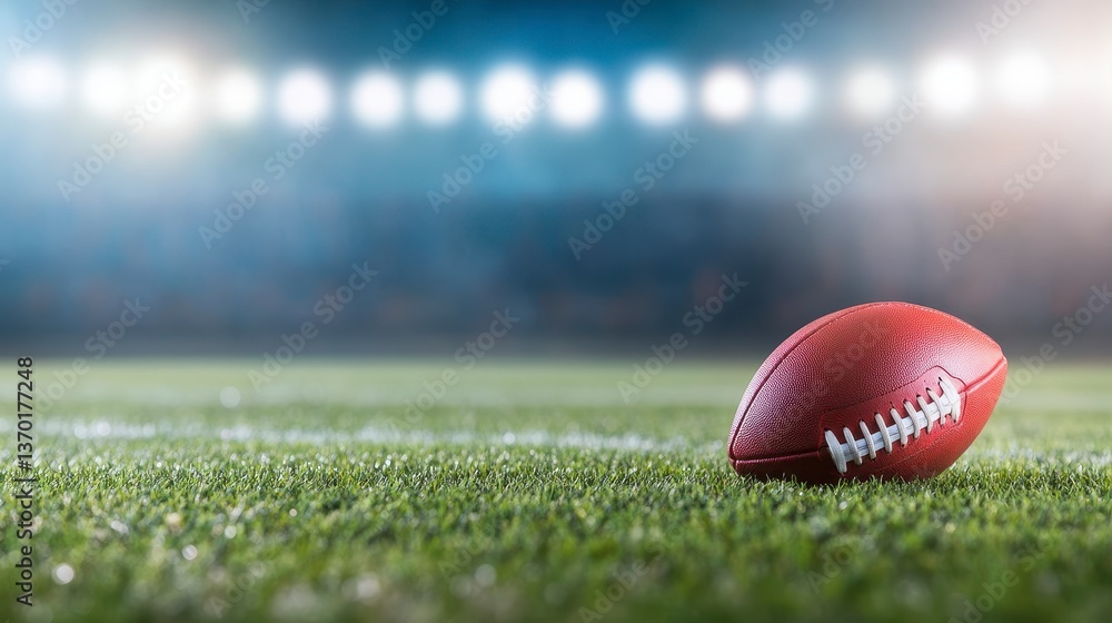 Football on the Field: A football rests on the vibrant green grass of a stadium field under the bright lights, a perfect image for the sports and competition enthusiasts. Football on the Field: A football rests on the vibrant green grass of a stadium field under the bright lights, a perfect image for the sports and competition enthusiasts.