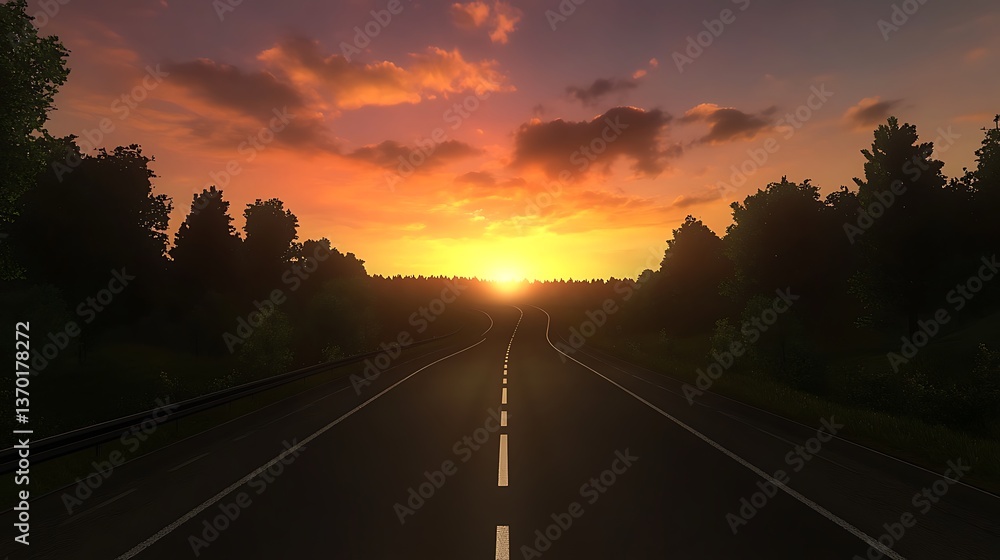 Road into the sunset with trees, highway at dusk leading towards the bright sun, travel Road into the sunset with trees, highway at dusk leading towards the bright sun, travel