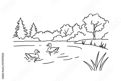 Serene Lakeside Scene Ducks, Trees, and Tranquil Nature Drawing