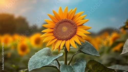 Vibrant Sunflower in a Field of Sunflowers at Sunset A Stunning Summer Scene