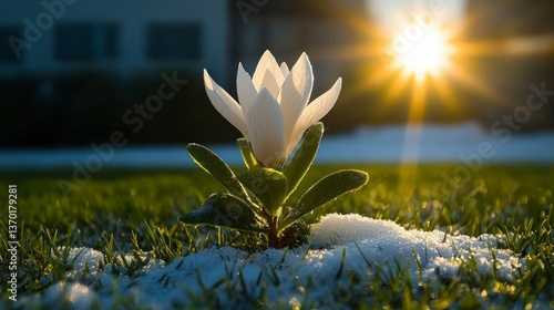 A single white magnolia flower blooms bravely in the winter's snow bathed in the warm glow of the setting sun