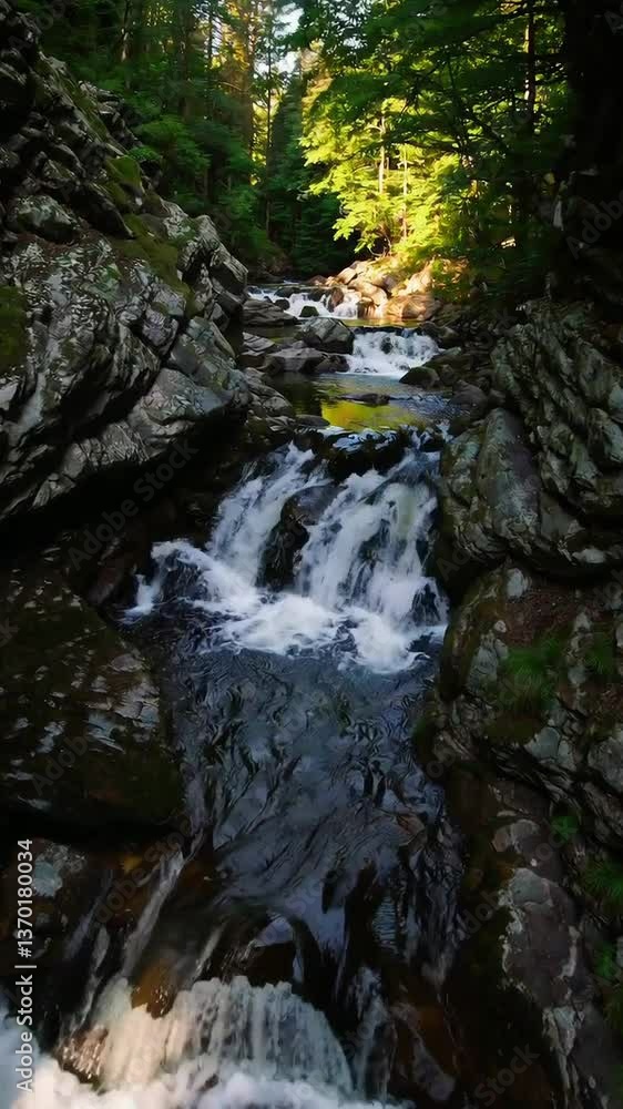Cascading mountain stream flowing through lush forest with sunlit rocks Cascading mountain stream flowing through lush forest with sunlit rocks