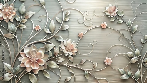 Elegant Embossed Floral Design with Swirling Vines and Delicate Blooms on a Textured Background