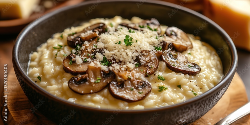 Creamy mushroom risotto topped with fresh parsley and shaved parmesan in a rustic bowl. Creamy mushroom risotto topped with fresh parsley and shaved parmesan in a rustic bowl.
