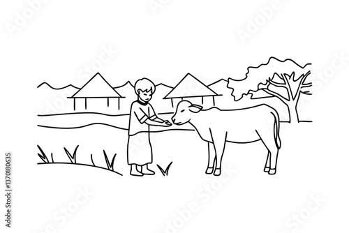 Young child feeding calf rural African village scene simple drawing