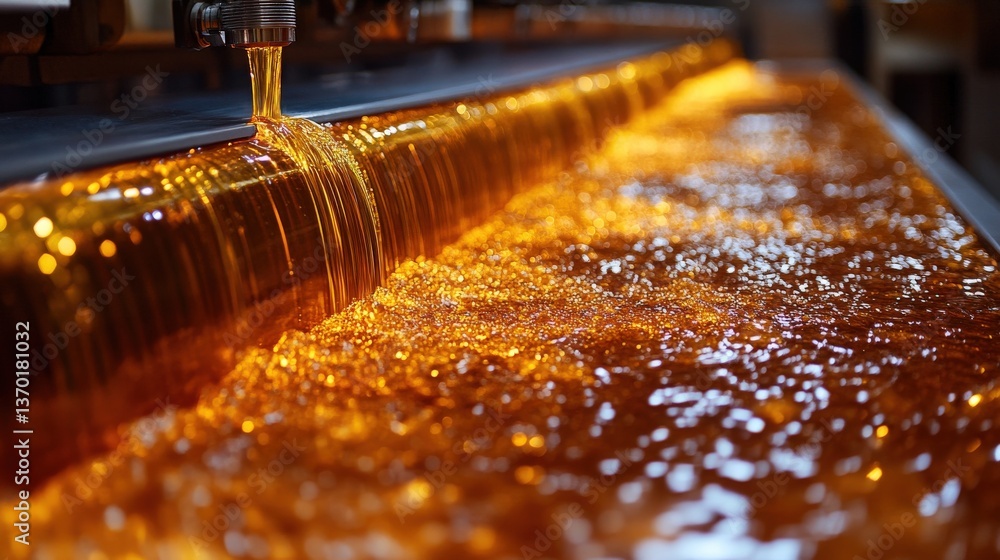Golden liquid flowing in a production line, close-up view showing texture and movement. High-quality image suitable for industrial or food manufacturing contexts. Golden liquid flowing in a production line, close-up view showing texture and movement. High-quality image suitable for industrial or food manufacturing contexts.