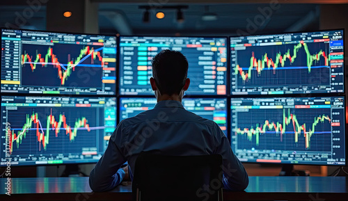 Focused Analyst Monitors Multiple Stock Market Displays