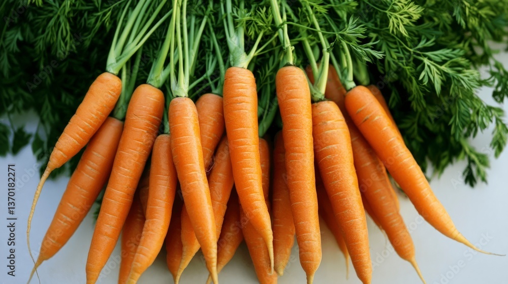 Freshly Harvested Bunch of Organic Carrots with Green Tops Healthy Vitamin Rich Vegetables Freshly Harvested Bunch of Organic Carrots with Green Tops Healthy Vitamin Rich Vegetables