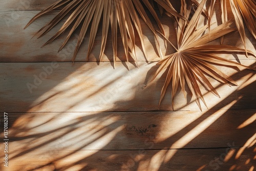 Dried palm leaves on light wooden planks. Sunlight casts shadows