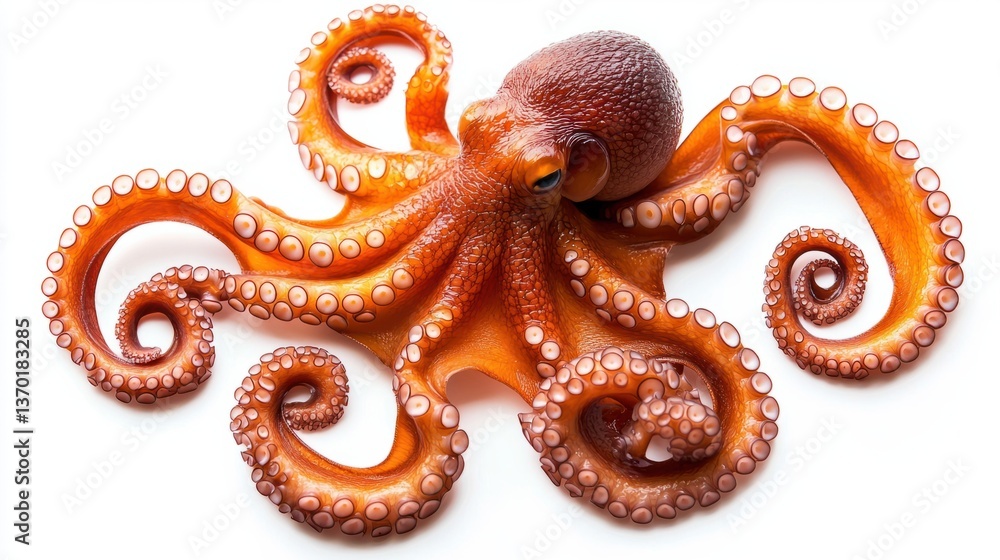 Vibrant Orange Octopus Displaying Tentacles on White Background Vibrant Orange Octopus Displaying Tentacles on White Background