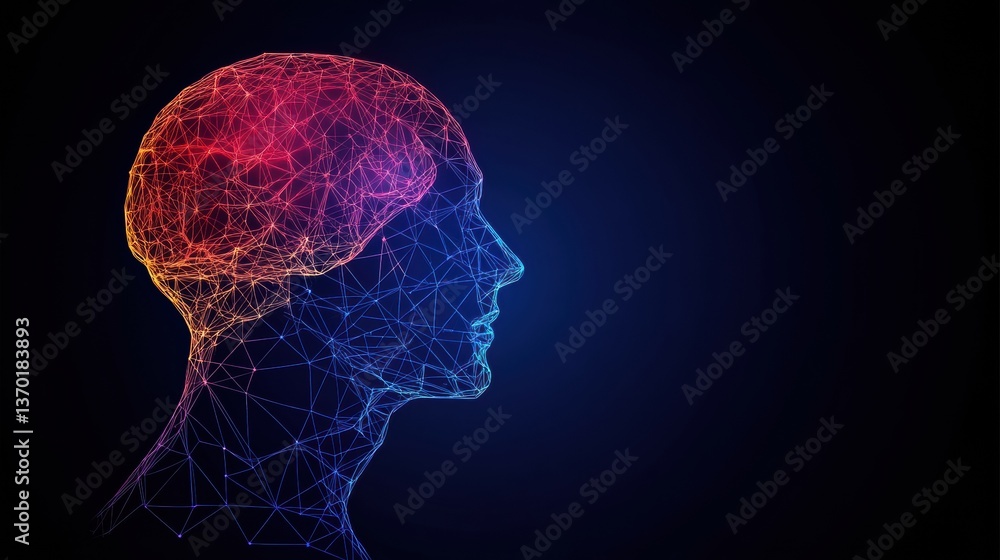 Obraz premium Abstract Colorful Human Head Profile Digital Art Glowing Points Network Dark Background