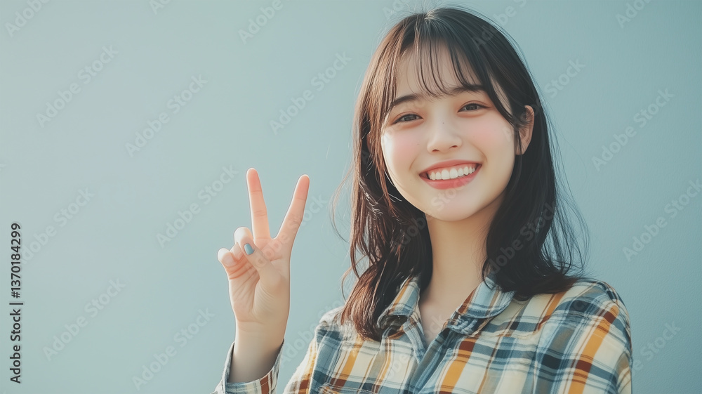 親しみあふれる笑顔とピースのチェックシャツスタイル 親しみあふれる笑顔とピースのチェックシャツスタイル