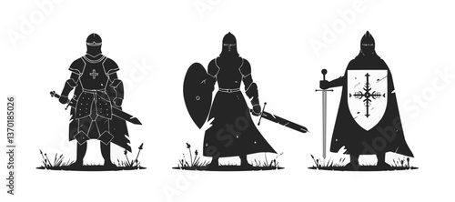 Medieval knights vector icons set in flat style featuring armor and shields.