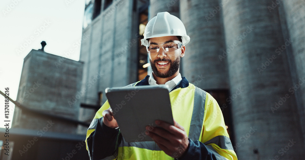 Obraz premium Tablet, architect and happy man outdoor for construction, low angle or planning at dawn. Technology, building and engineer in city for maintenance, safety inspection or industrial development project
