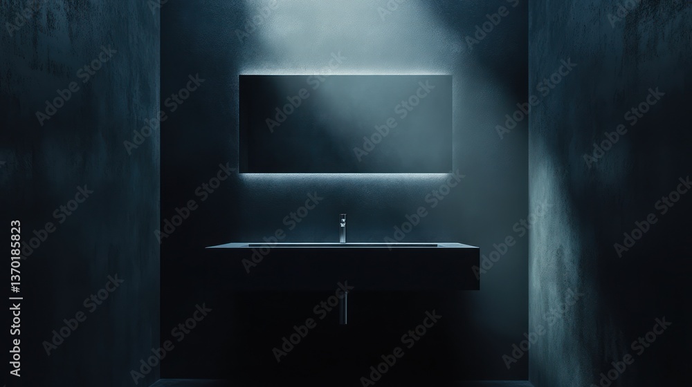 Obraz premium Modern bathroom interior, dark walls, mirror, sink