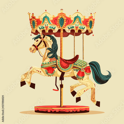 Vintage carousel horse with ornate design, flat icons set, vector.