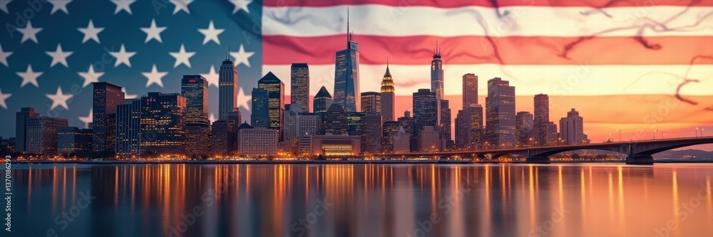 Fototapeta premium A stunning view of a skyline draped in the colors of the american flag, symbolizing patriotism, freedom, and the spirit of the usa at sunset.