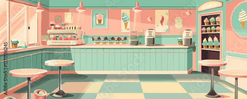 Retro ice cream parlor interior with tables and chairs, flat icons set, vector.