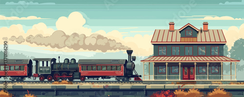 Vintage train and railway station with autumn foliage, flat icons set, vector.