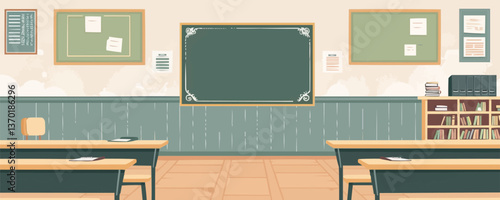 Classroom interior with chalkboard and desks, educational schoolroom scene, flat icons set, vector.