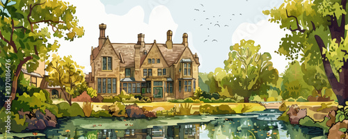 Charming country house by tranquil lake with lush trees, flat icons set, vector.