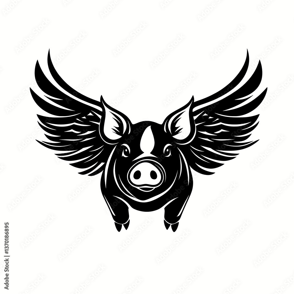 Celestial Pig: A stylized black and white illustration presents a pig with angelic wings, a whimsical take on the idea of a Celestial Pig: A stylized black and white illustration presents a pig with angelic wings, a whimsical take on the idea of a