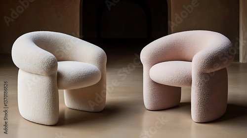Two modern boucle armchairs with rounded backs displayed together