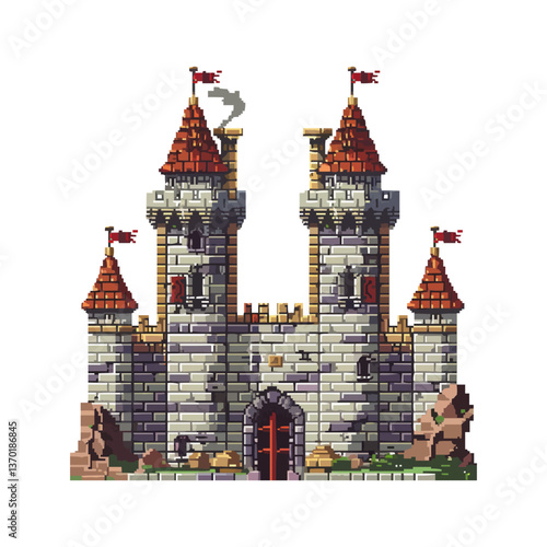 Medieval castle with red towers and flags - flat icons set - vector.