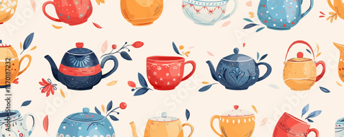 Colorful teapots and cups with floral patterns icons set, flat vector.
