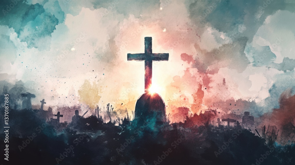 Obraz premium Cross rising from a watercolor-painted grave with bright glowing light symbolizing resurrection and eternal hope