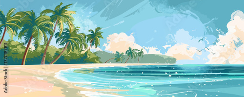 Tropical beach with palm trees and ocean waves - flat landscape icons set vector.