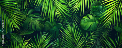 Tropical leaf patterns with monstera and palm elements, dense green foliage background, vector, flat icons set.