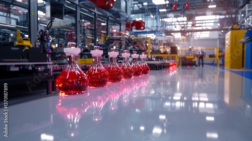 Wallpaper Mural Industrial Conveyor Belt with Rows of Glass Flasks Filled with Red Liquid Torontodigital.ca