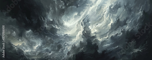 Dramatic stormy sky with dark clouds in flat style, icons set - vector.