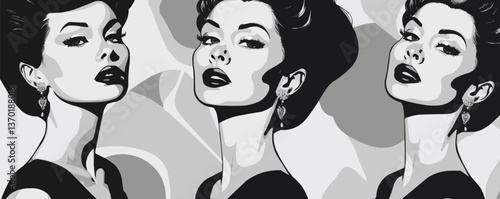 Glamorous retro woman portraits in black and white - flat icons set - vector.