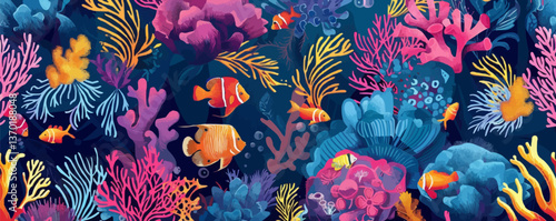 Underwater marine life with colorful fish and coral in a flat icons set vector.
