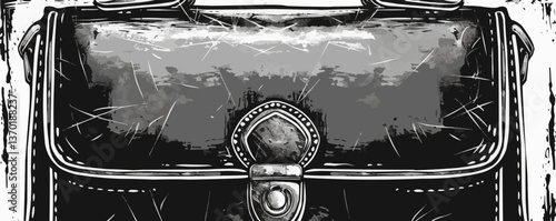 Black leather satchel with buckle closure in grunge style - vector, linear, icons set.