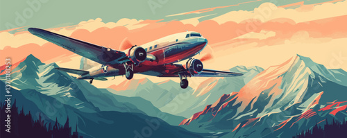 Retro airplane flying over majestic mountains at sunset, scenic landscape - vector, flat icons set.