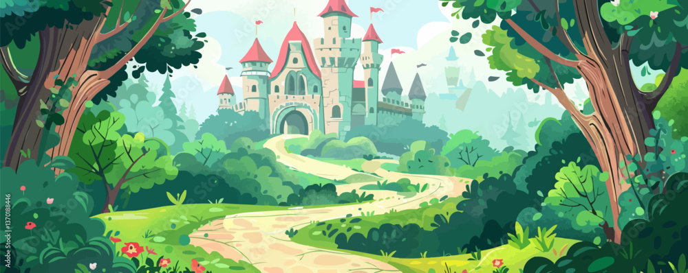Enchanted castle pathway in a forest scene, flat icons set, vector.