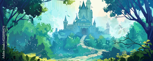 Enchanted castle in lush forest, pathway to fairytale fortress, vector, flat icons set.