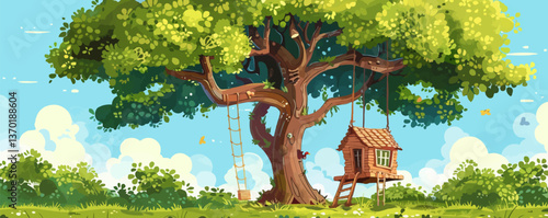 Treehouse adventure with swing and ladder, outdoor fun icons set, flat vector.