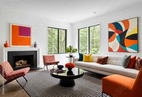 A living room filled with furniture and a large window.