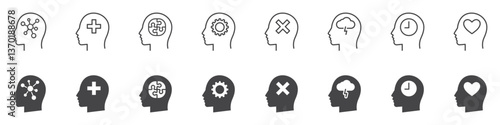 Set of psychology and mental icons. Human mind, brain health, human head, stress, depression, panic, mind disorder, bipolar, symbols. Mental health protection. Vector. EPS10.