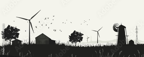 Silhouette landscape with wind turbines and barns, renewable energy icons set, flat vector.