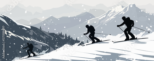 Skiers descending snowy mountain in winter landscape, flat icons set, vector.