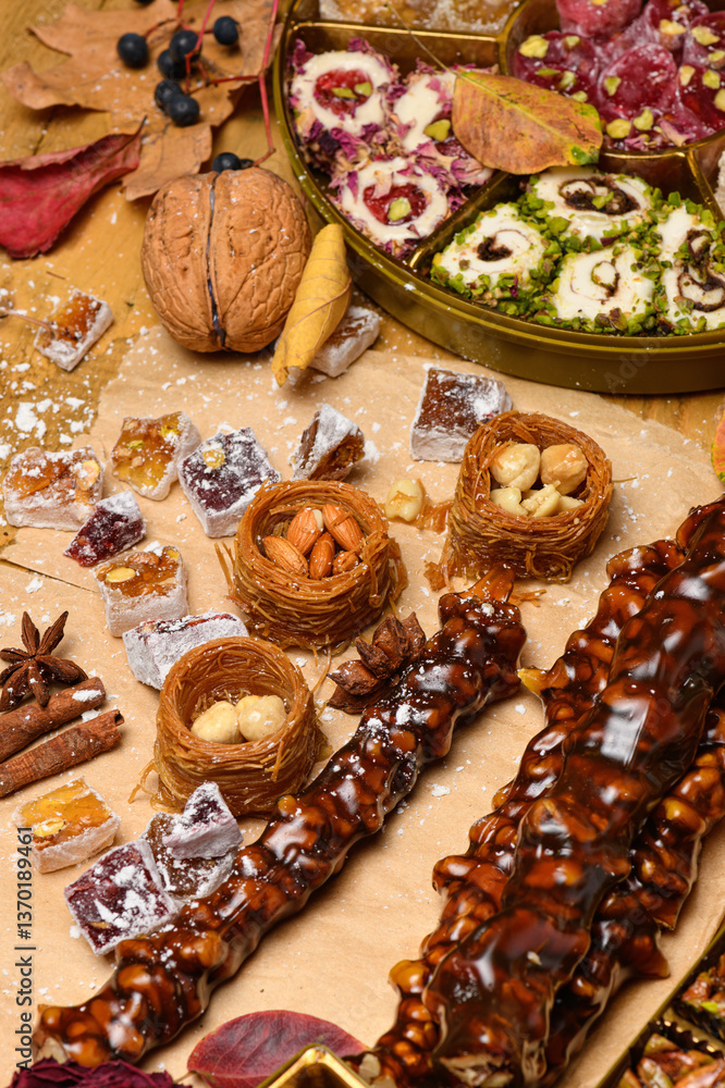Fototapeta premium Sweet food Turkish delight on wooden background, assorted locum and candy for decorated backdrop