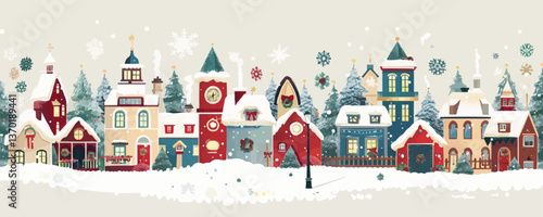Festive winter village scene with snowflakes and decorated houses, flat icons set, vector.