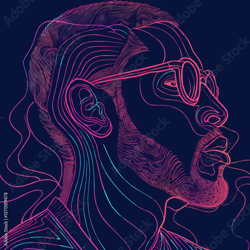 Modern neon portrait with glasses in flat style, linear art icons set, vector.